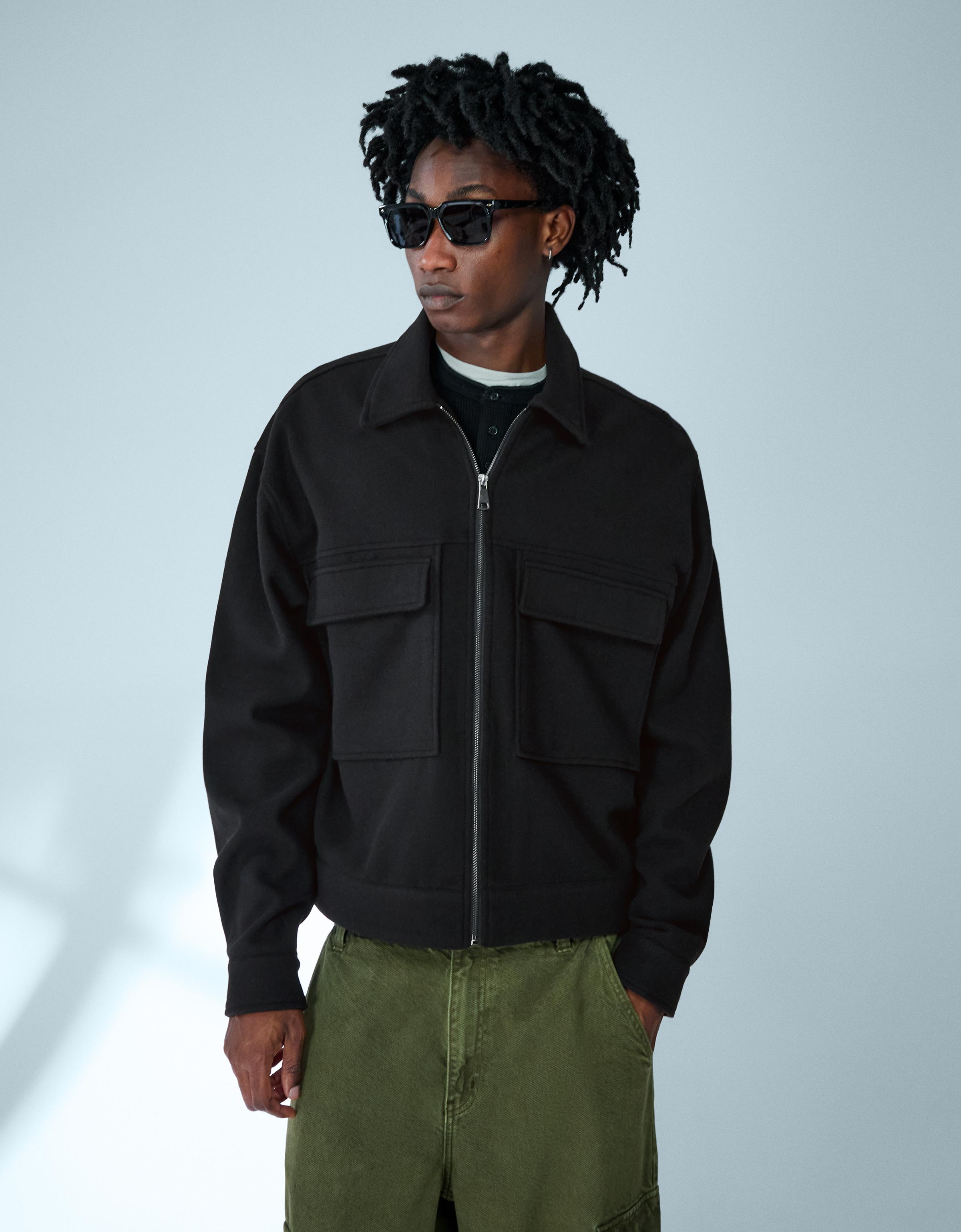 Bershka Boxy-Hemdjacke Aus Flanell Mit Reißverschluss Herren M Schwarz