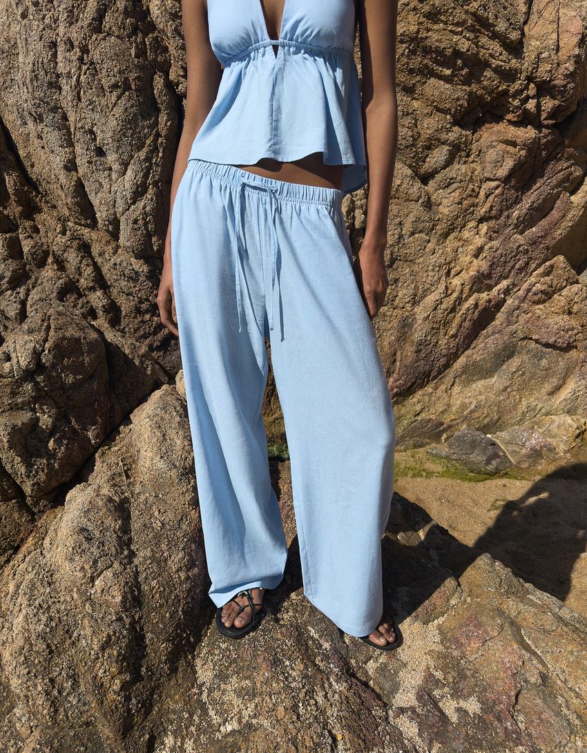 Pantalons amb lli goma cintura-Blau cel-0
