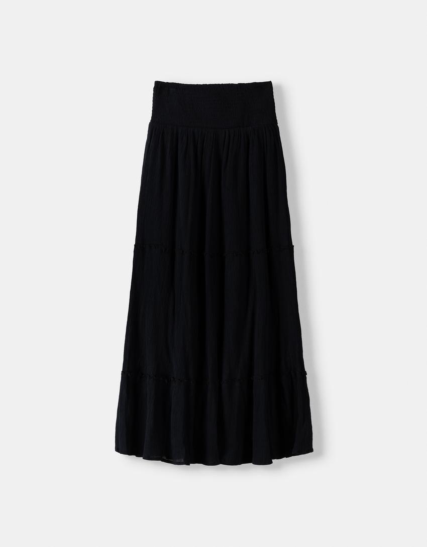 Long crepe skirt-Black-4