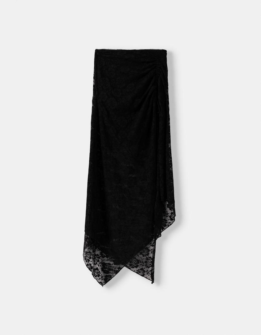 تنورة دانتيل متوسط الطول-أسود-4