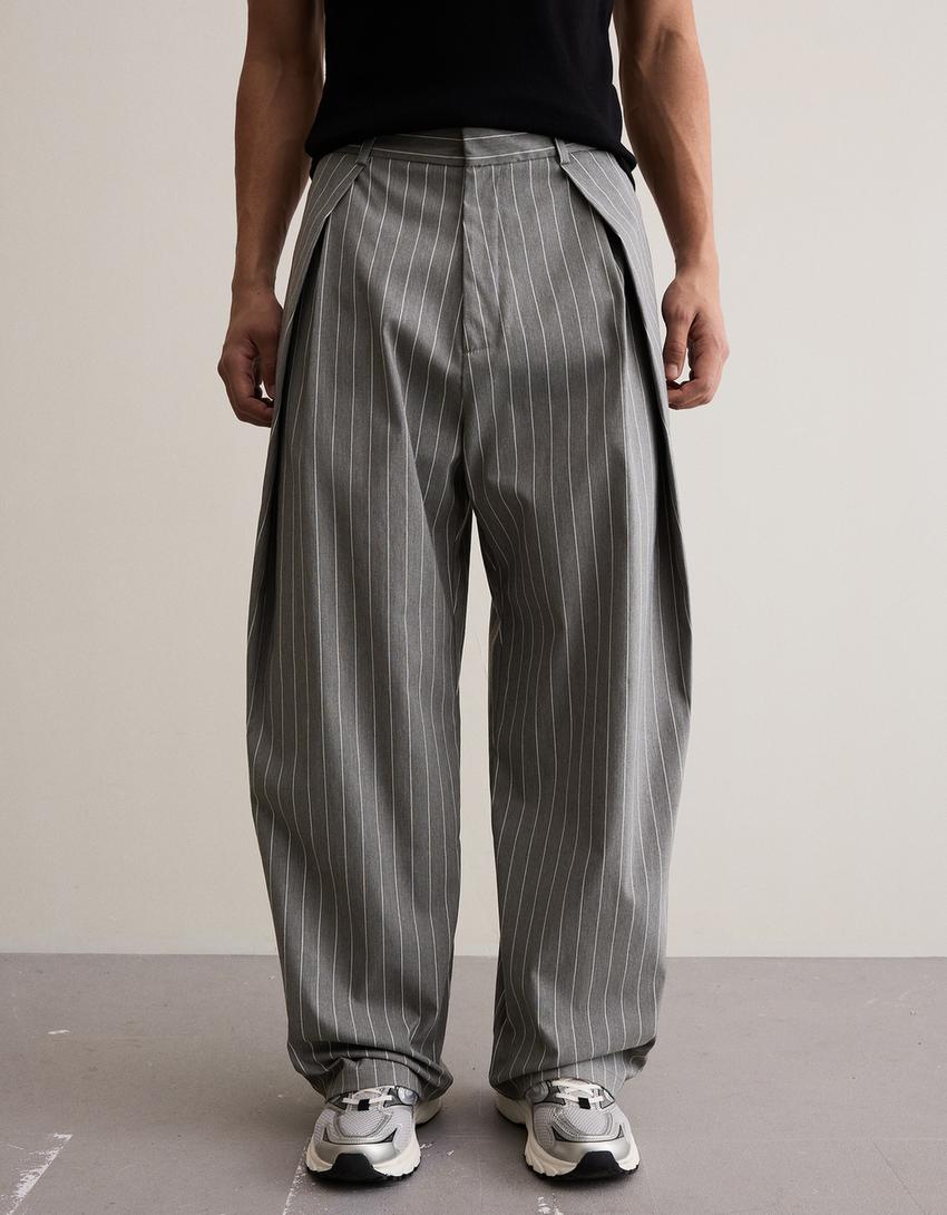 Çift pensli super baggy fit pantolon-Gri