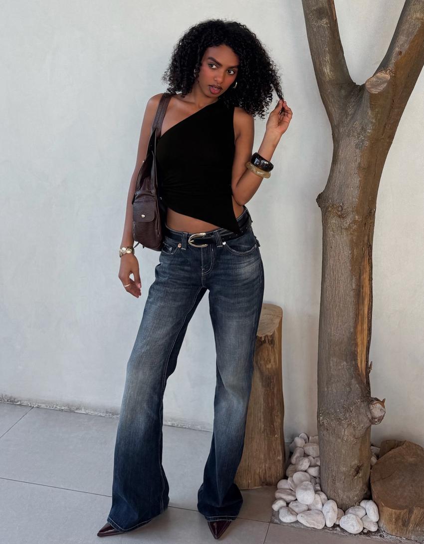 Asymmetric top with rhinestone ring-Black