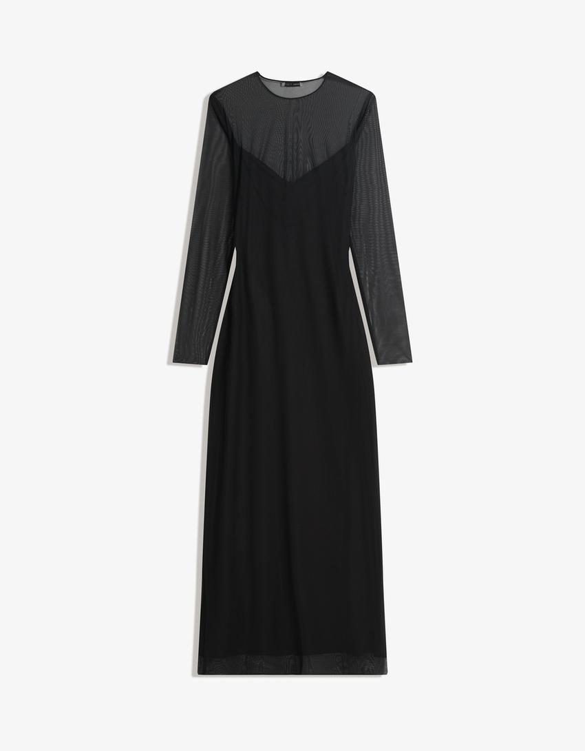Vestido midi manga larga tul-Negro