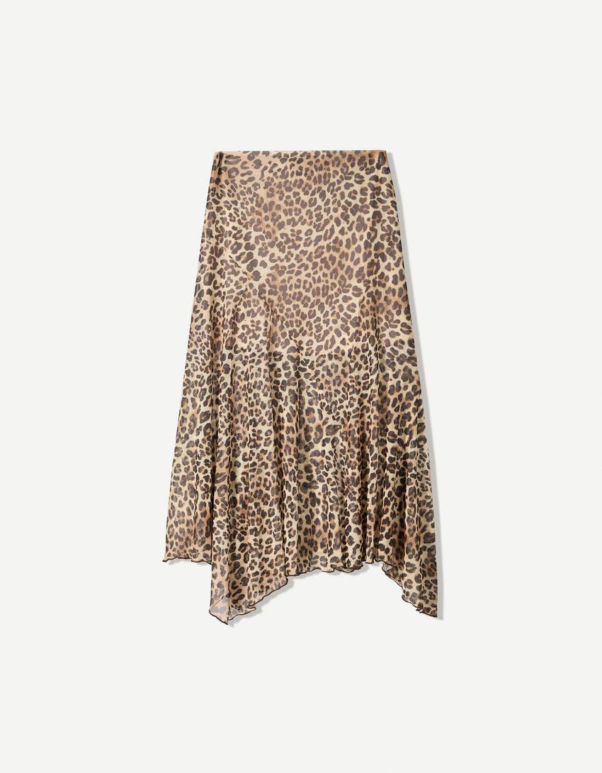 Tulle printed midi skirt with ruffles-Cream