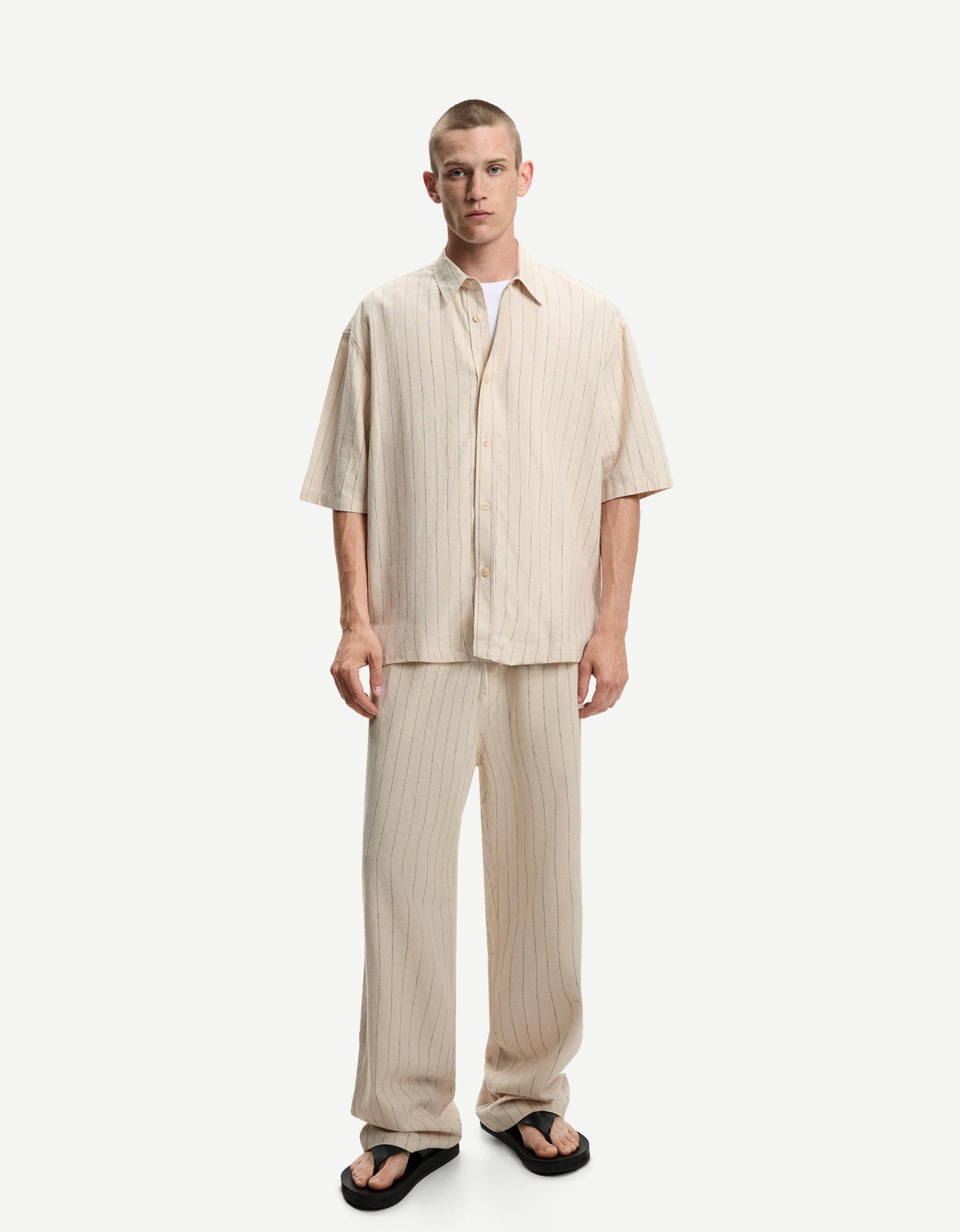 Bershka Pantalón Wide Leg Jogger Con Lino Hombre Xs Beige