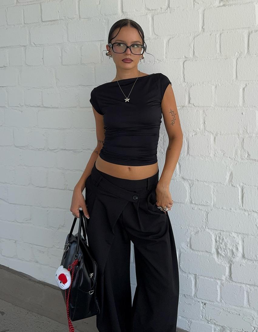 Tailored fit trousers with crossover waist-Black-3