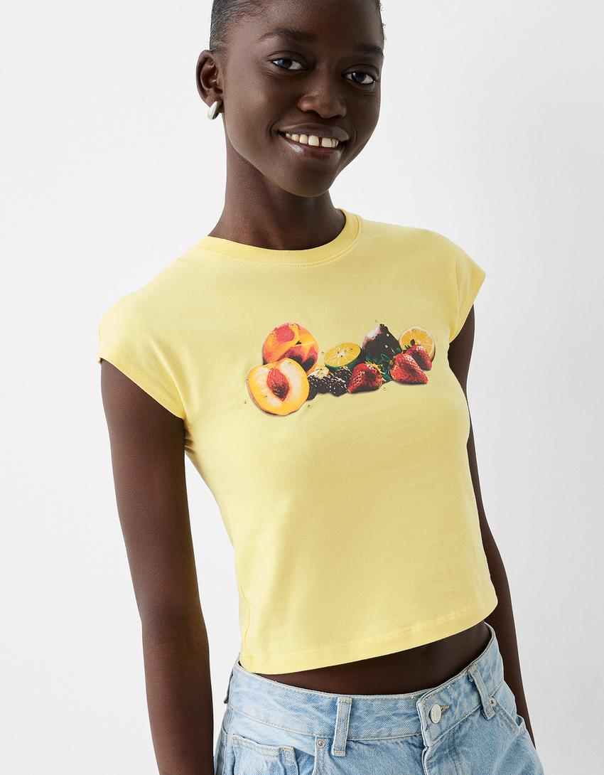 T-shirt manches courtes imprimé strass-Jaune-2