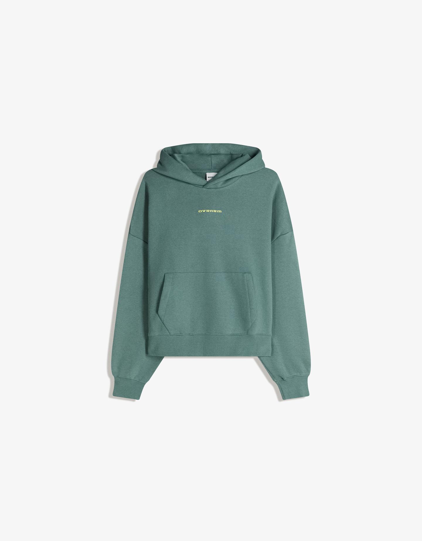 Bershka bluza boxy z kapturem i nadrukiem zielony