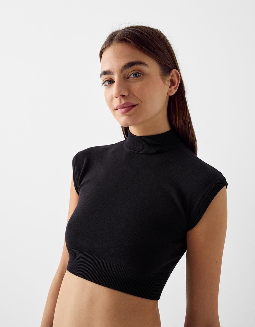 Pull sans manches col montant-Bleu-2