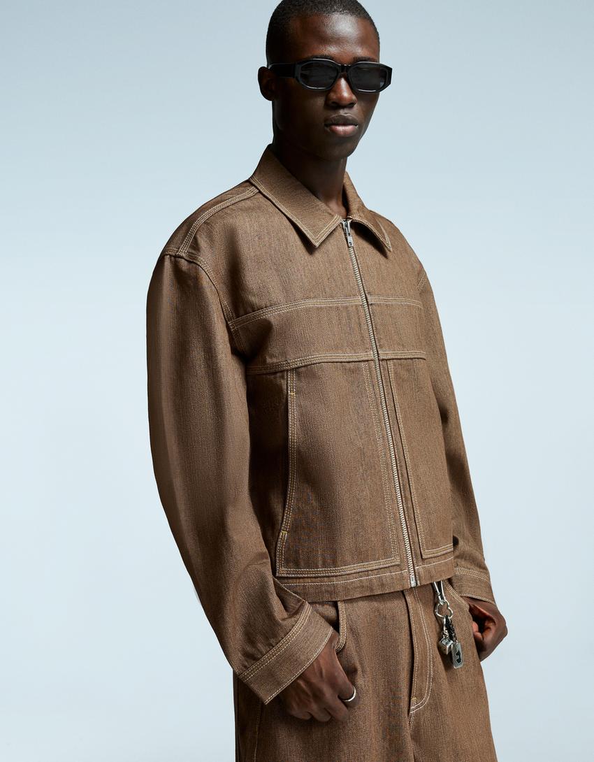 Denim shirt with zip-Brown