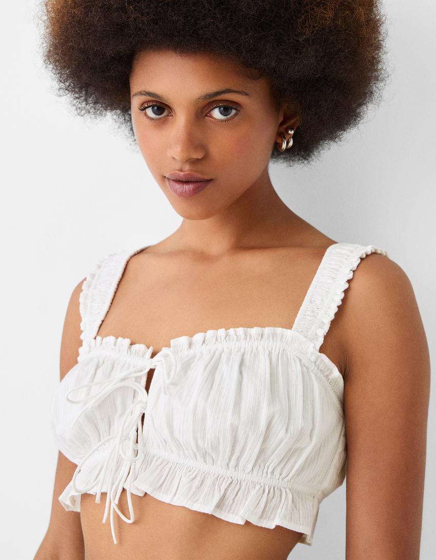 Textured striped top with tie detail-White-2