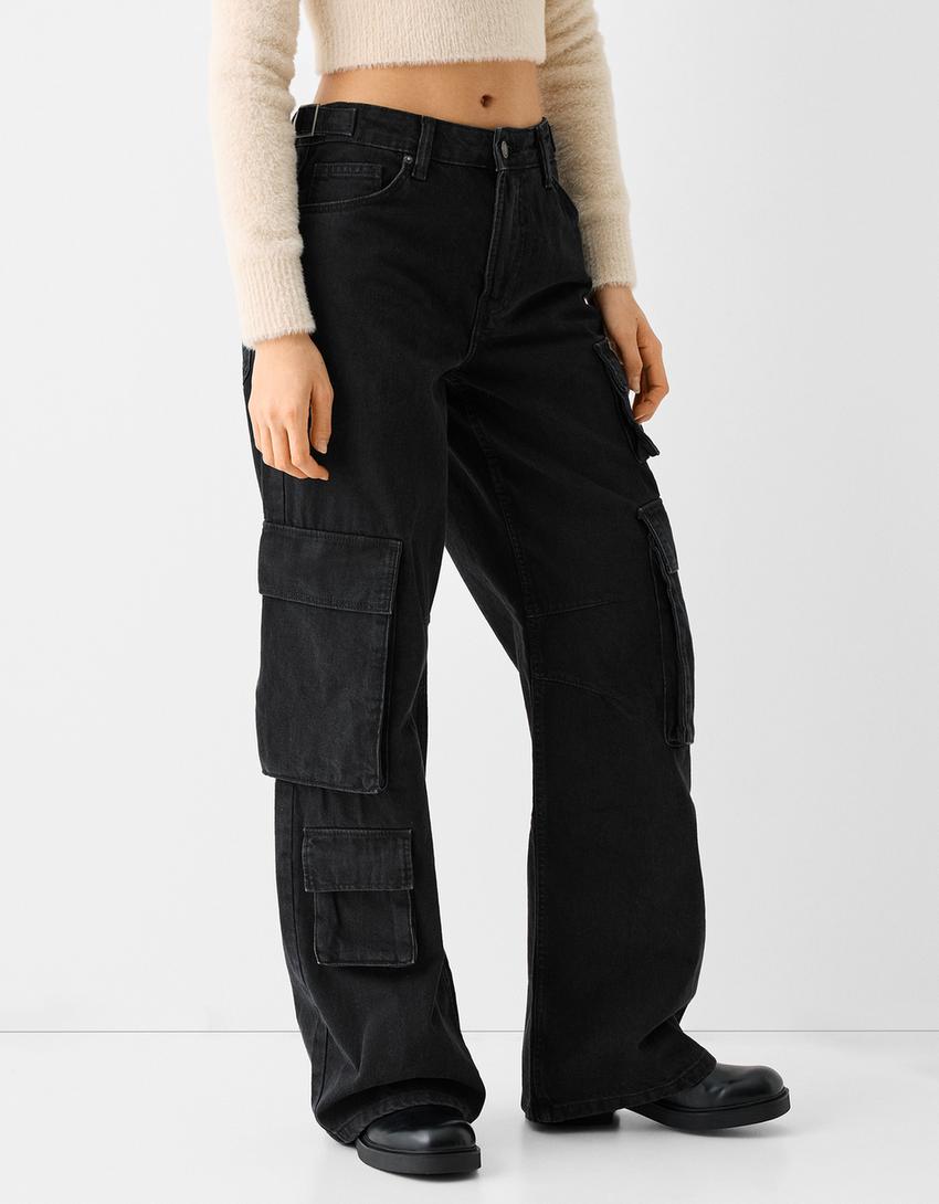 Multi-pocket cargo jeans-Black-1
