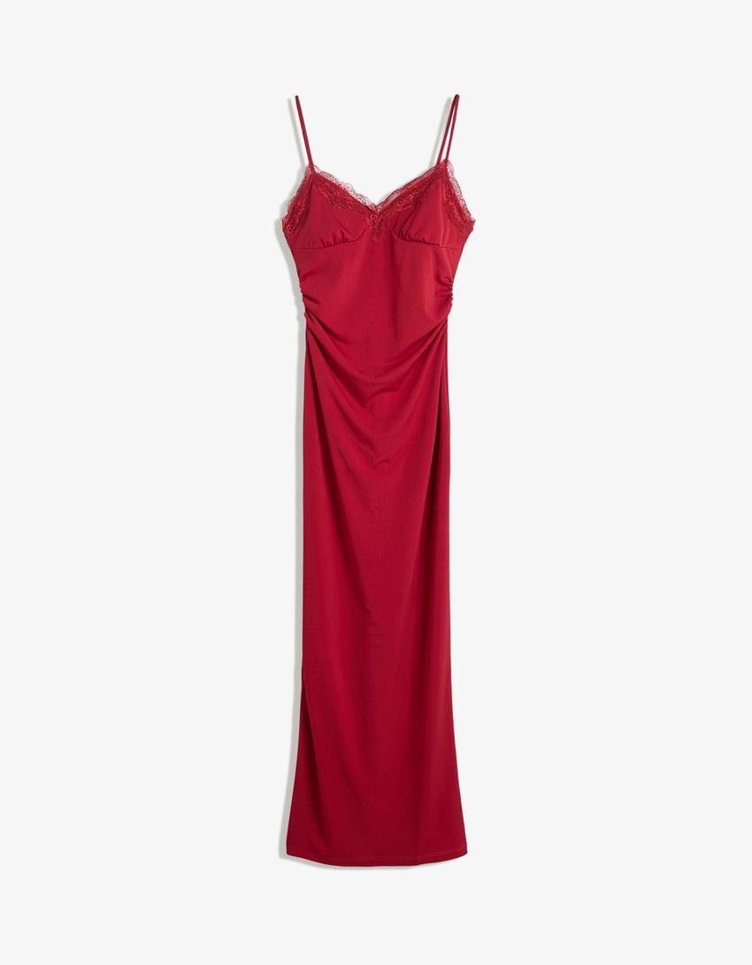 Flowing blonde lace midi dress-Red
