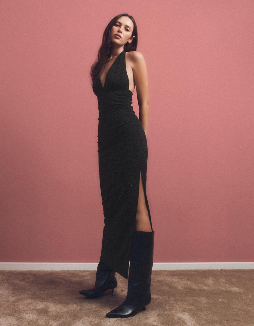 Shimmery halter neck midi dress-Black
