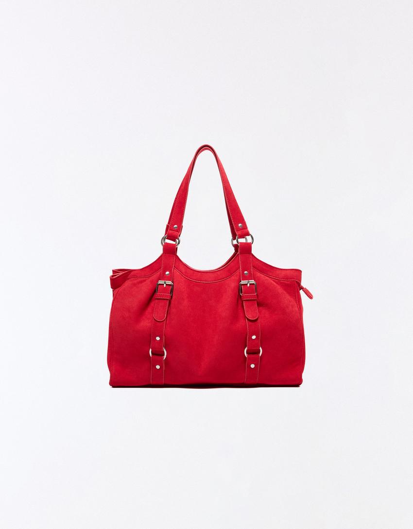 Tasche mit Schnallen in Wildlederoptik-Rot