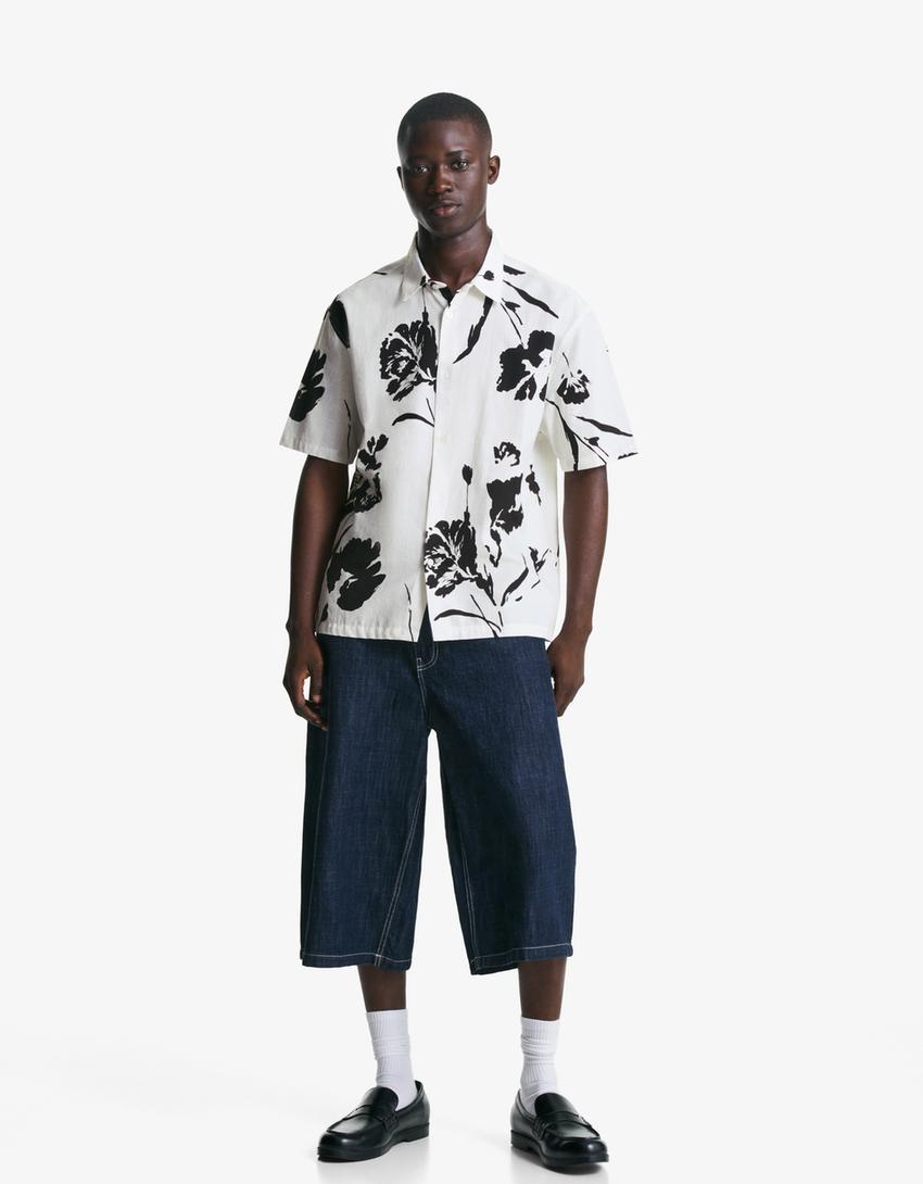 Chemise à manches courtes rustique imprimée-Écru
