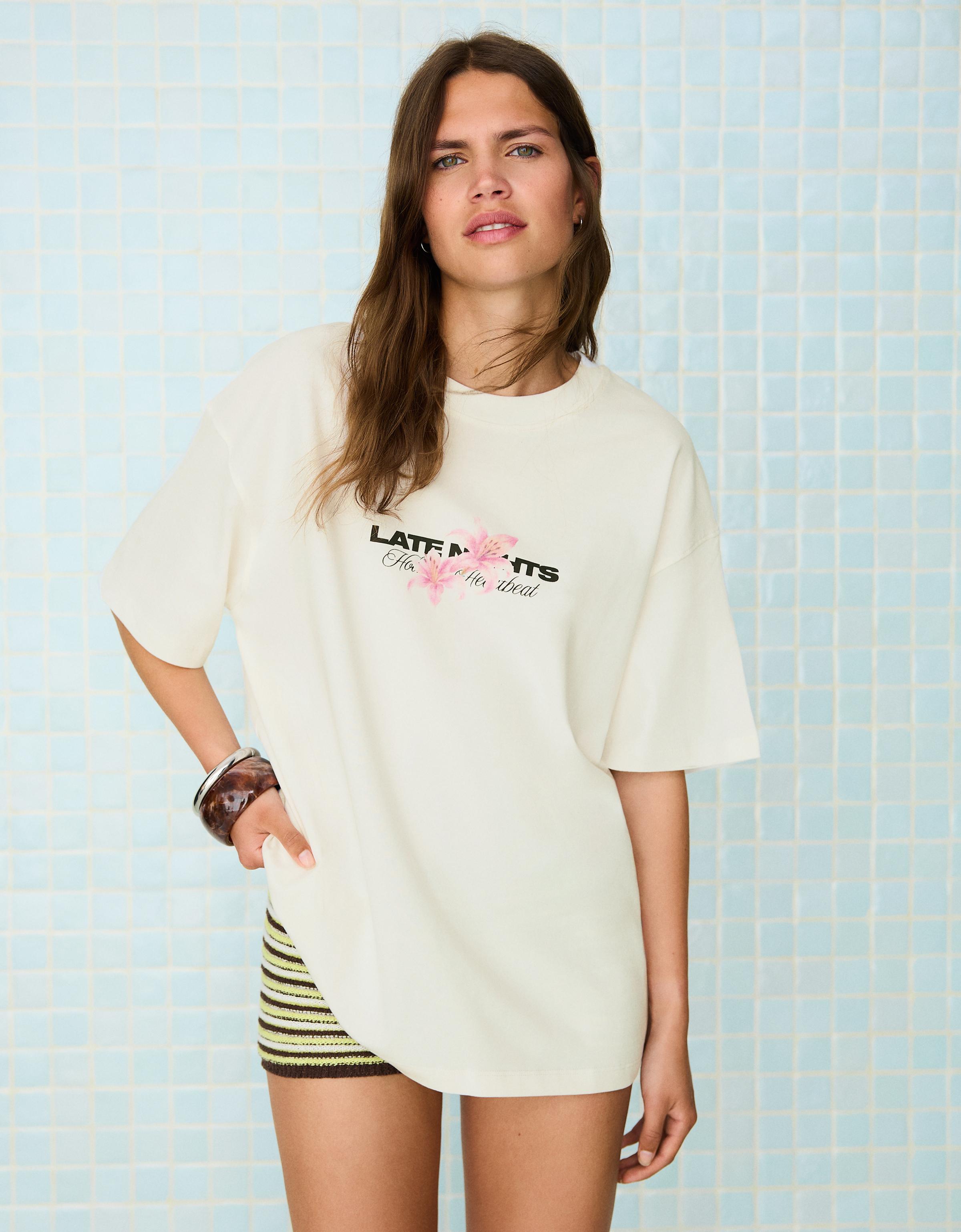 T-Shirt Oversize Imprimé L Blanc Cassé