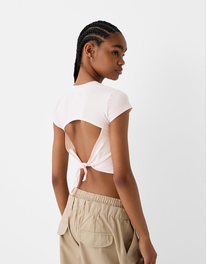 T-shirt manches courtes dos nu imprimé-Rose-2