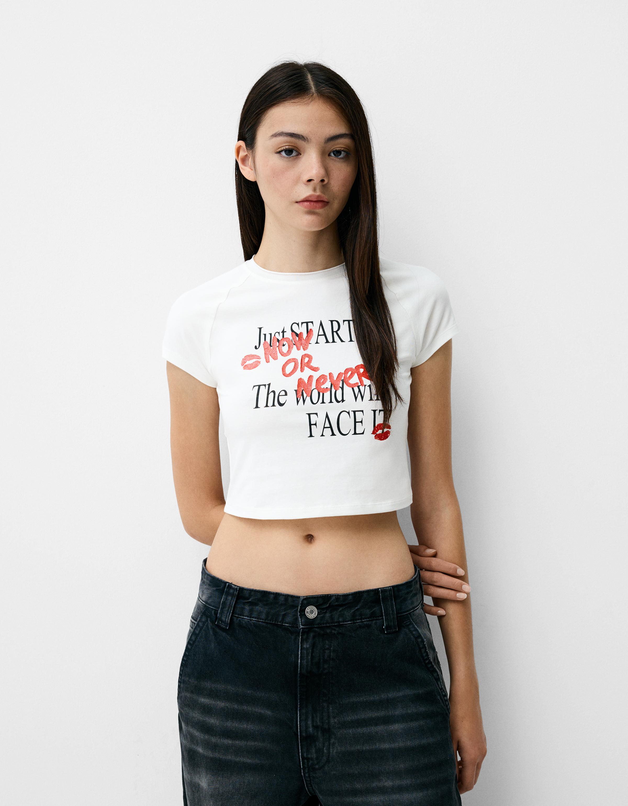 Bershka T-Shirt Mit Print Und Raglanärmeln Damen L Rohweiß