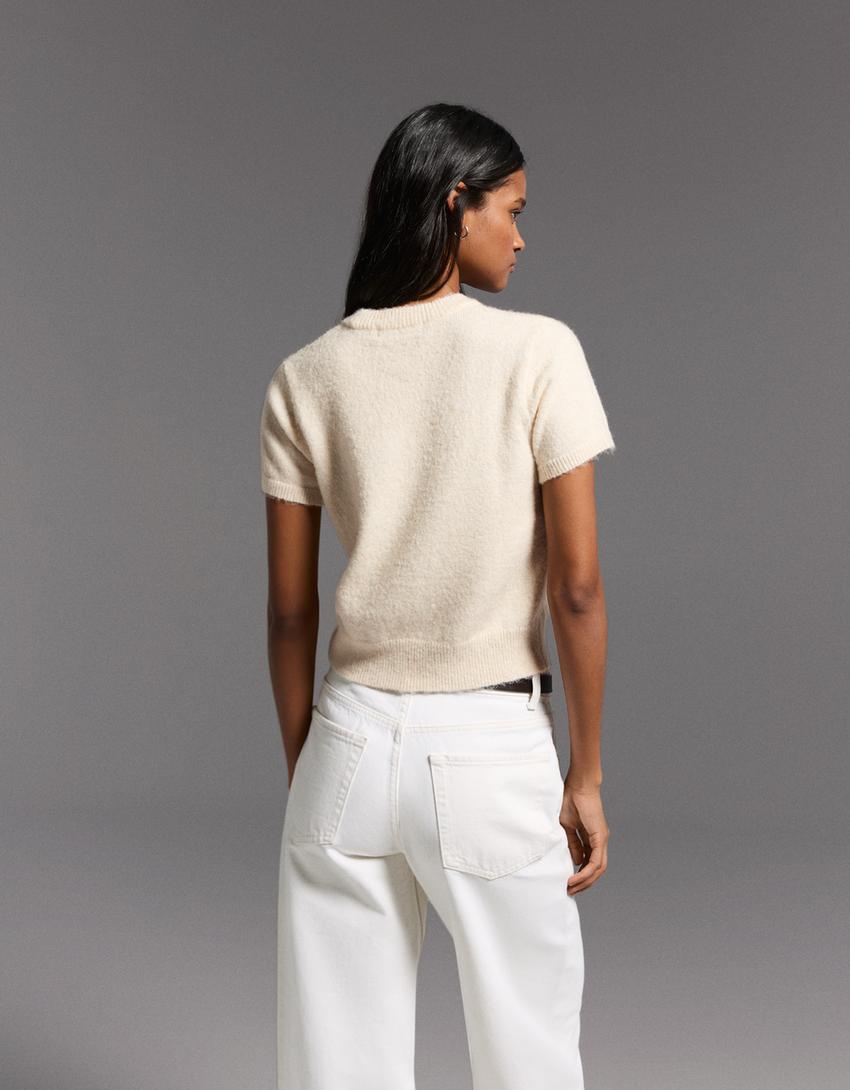 Short sleeve crew neck sweater-Cream
