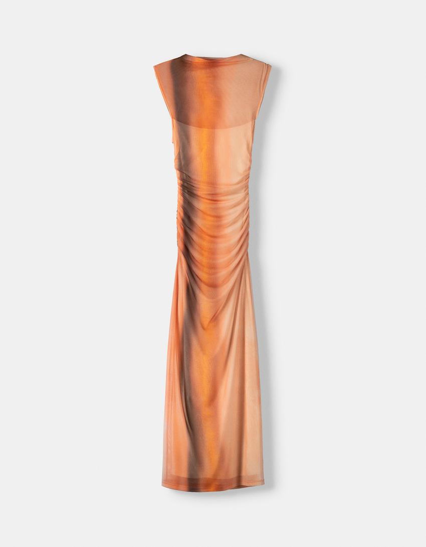 فستان ميدي يباقة عالية وأكمام قصيرة وطبعة-برتقالي-4