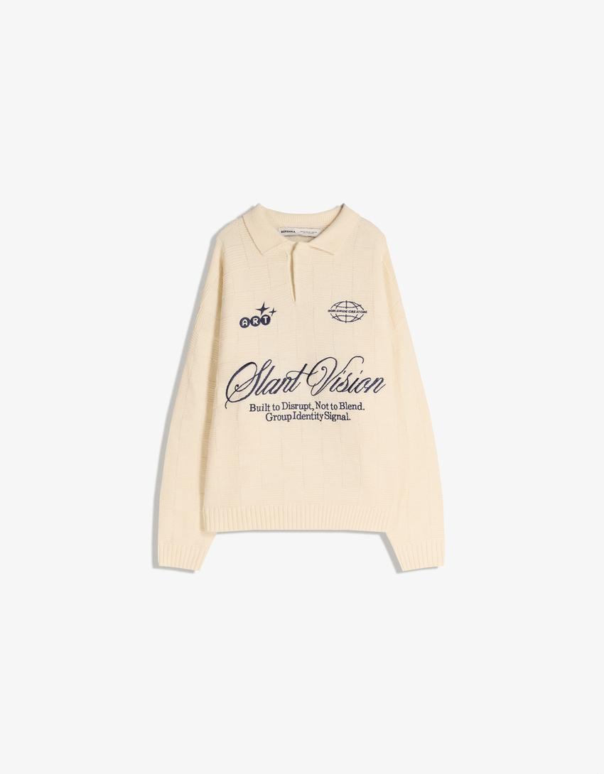 Pull col polo imprimé-Beige