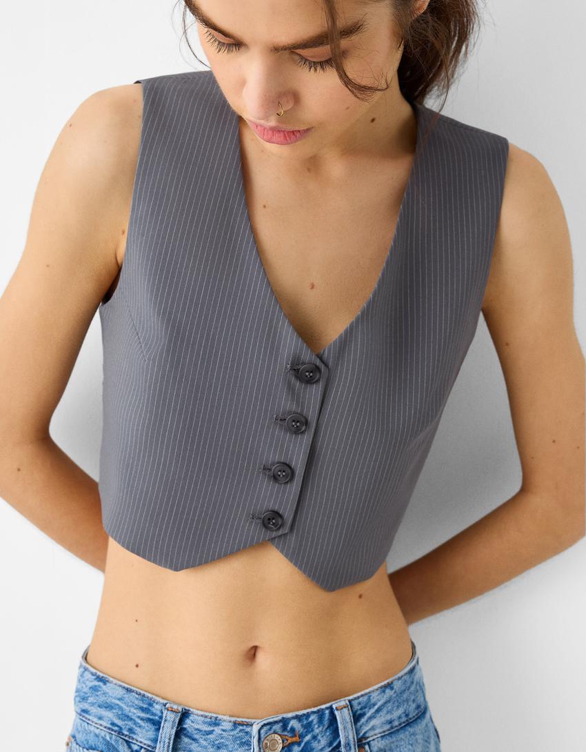 Blazer gilet sans manches tailoring cropped-Gris foncé-2