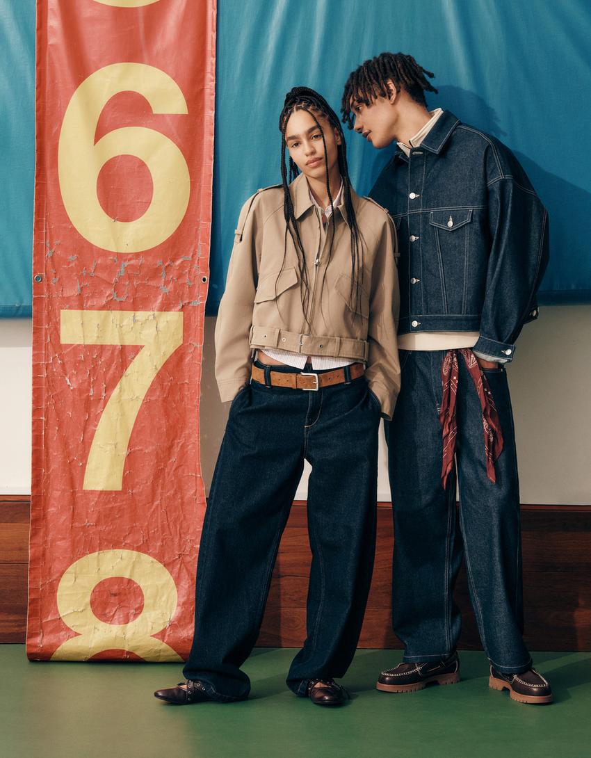 Trucker jacket with belt-Beige-3