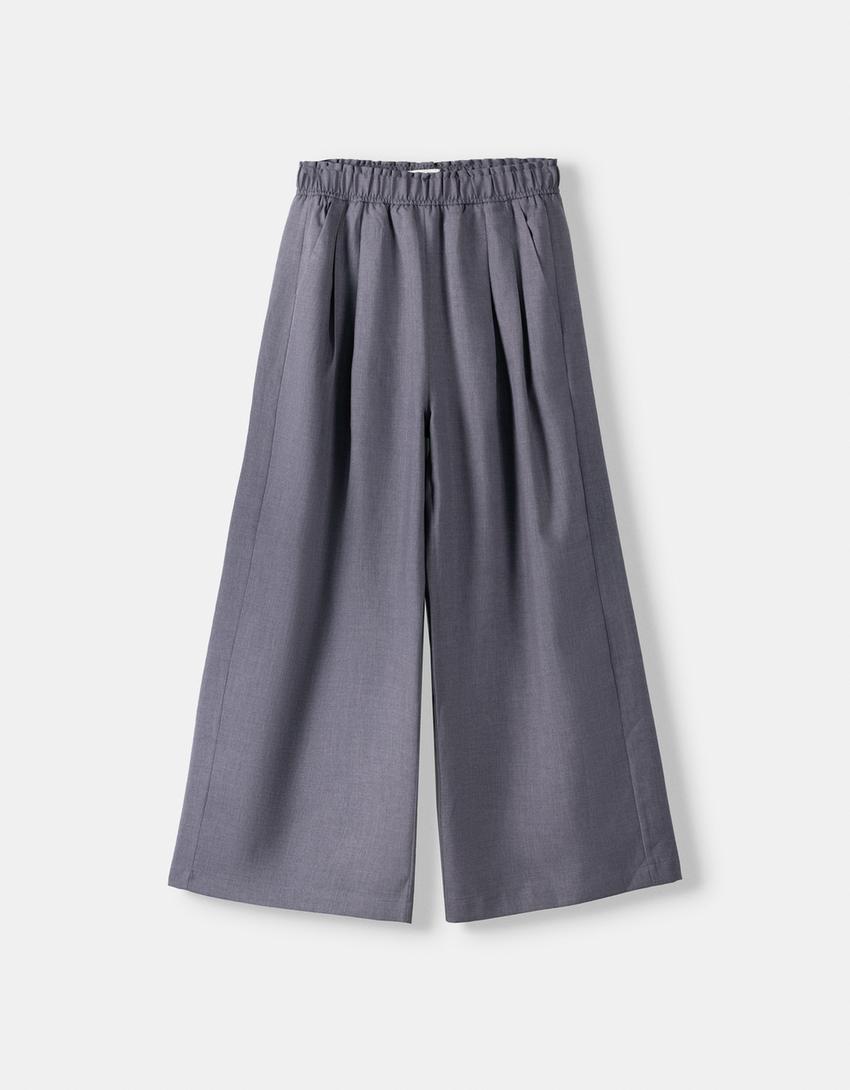 بنطال واسع وقصير رسمي بخصر مرن-رمادي داكن-4