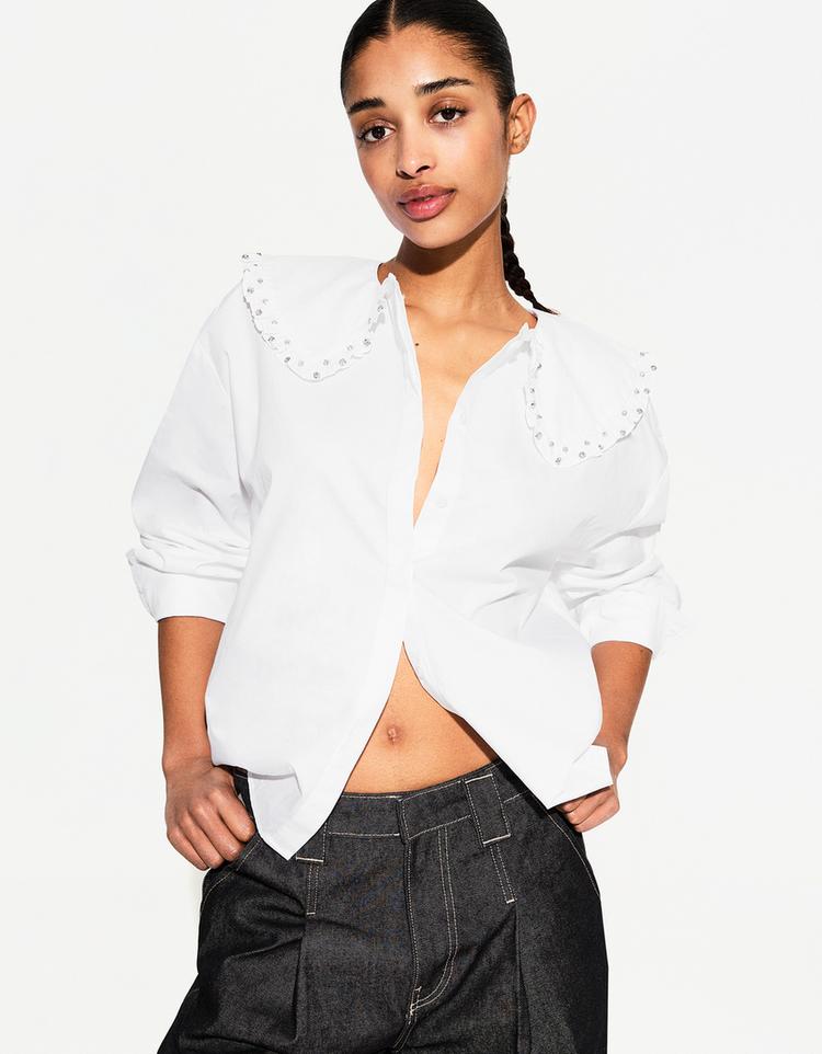 Poplin shirt with rhinestone Peter Pan collar