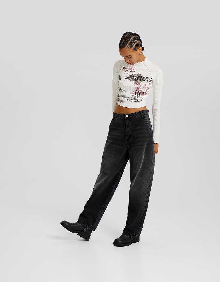 سويتر بطبعة وأكمام طويلة-أبيض مطفي-3