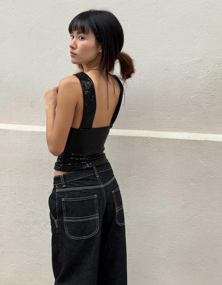 Fitted shimmery top with gathering