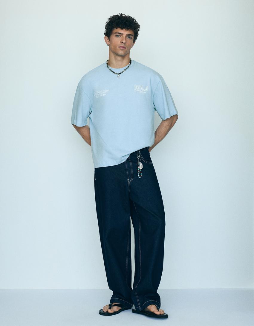 Boxy short sleeve print T-shirt-Light blue