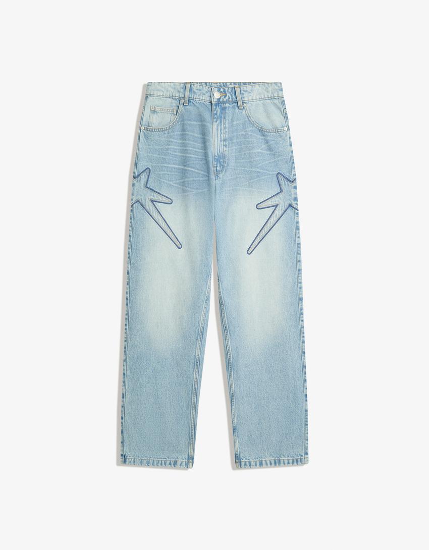 Jean baggy brodé-Bleu lavé-3