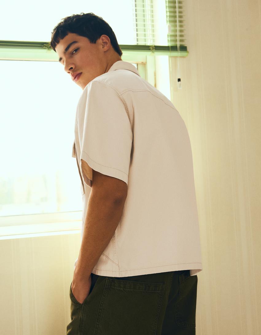 Short sleeve boxy fit shirt-Sand