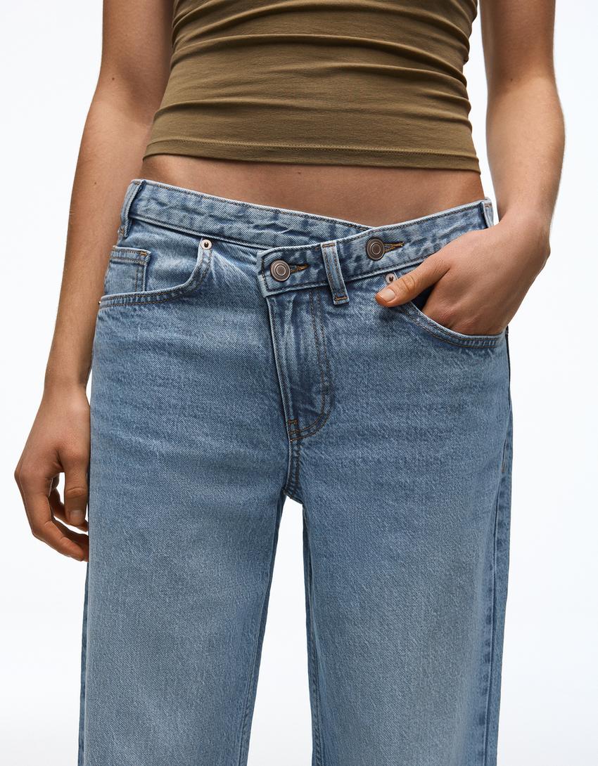 Jeans wide leg cintura cruzada-Azul lavado