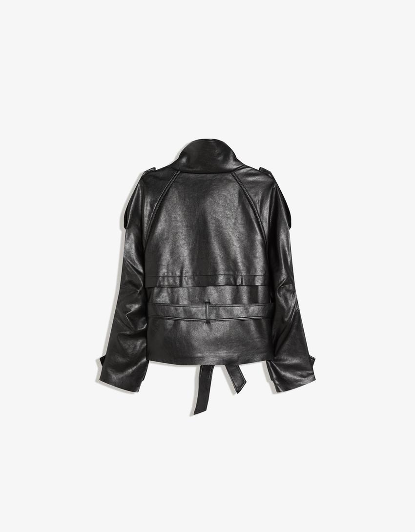 Kısa suni deri trençkot ceket-Siyah