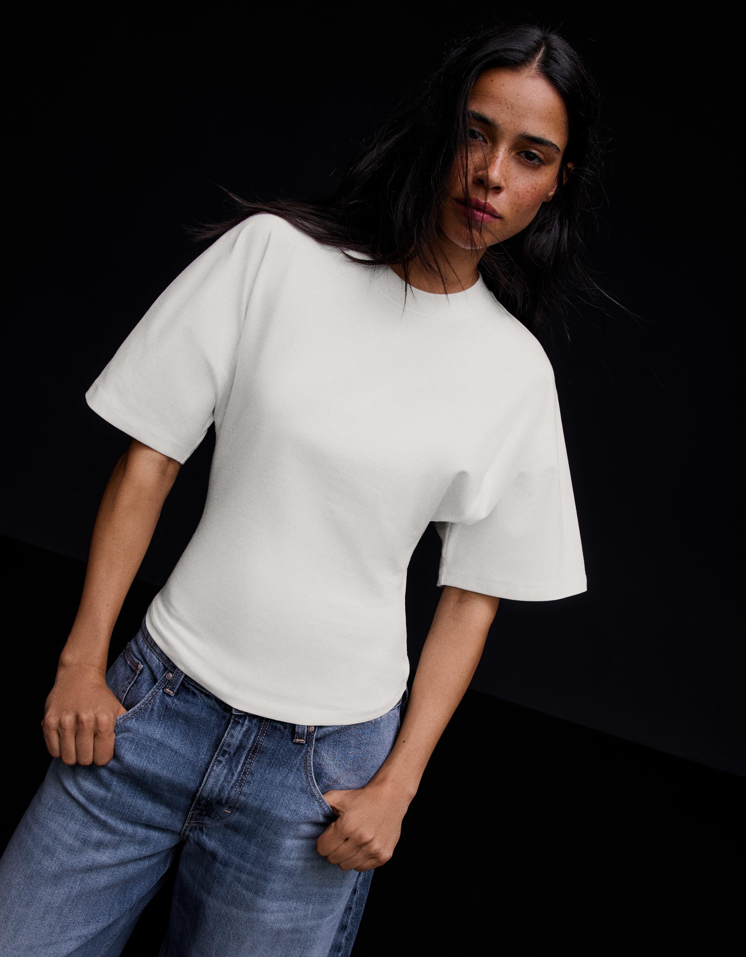 Bershka Camiseta Manga Corta Corsé Mujer L Blanco Roto
