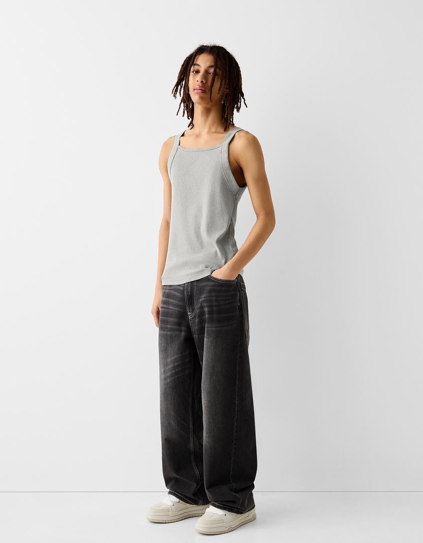 T-shirt alças nervuras gola reta-Cinza-3