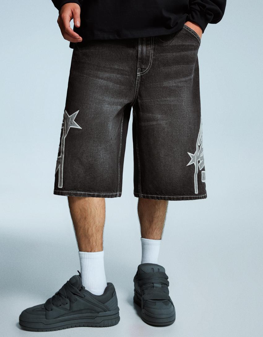 Bermuda denim parches-Negro