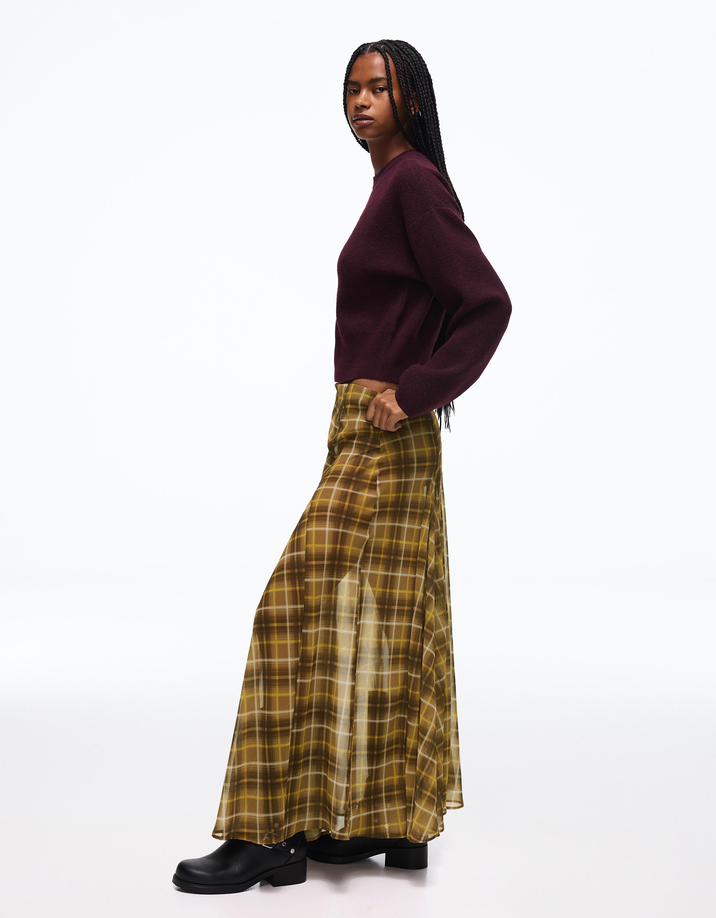 Flowy checked midi skirt — Camel