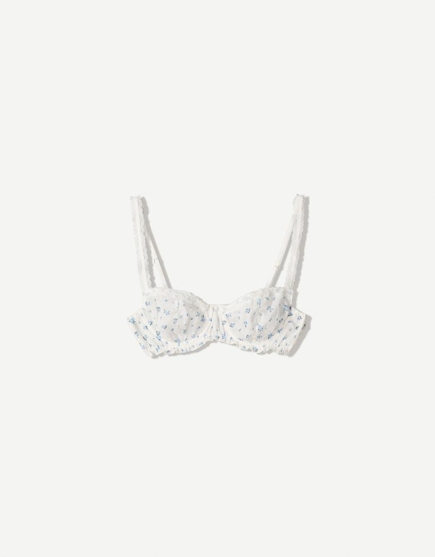 Printed gathered bra-Blue