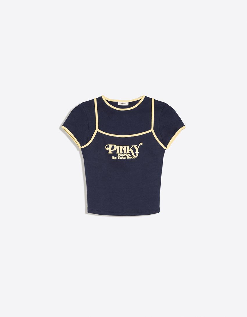 Double short sleeve contrast print T-shirt-Navy
