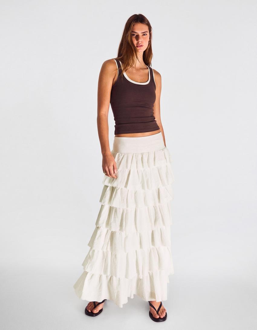 Rustic ruffle midi skirt-Off white