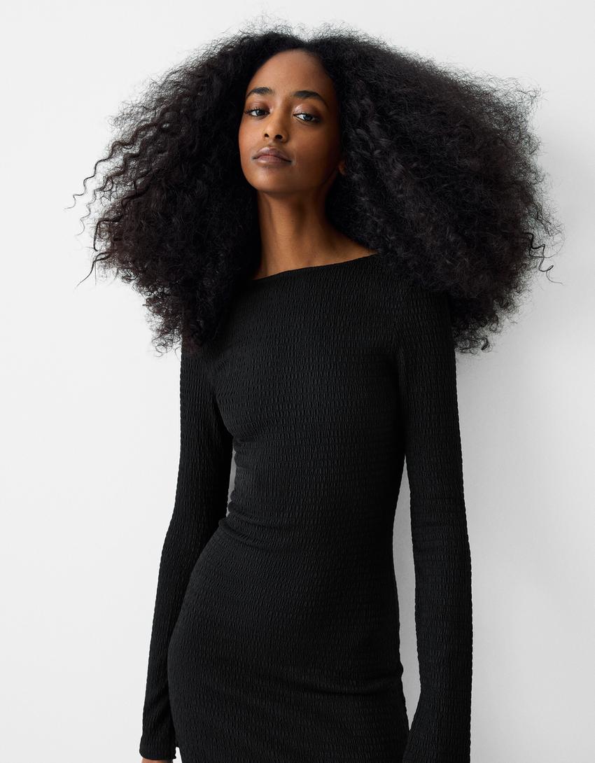 فستان متوسط الطول بحياكة وافل وأكمام طويلة-أسود-1