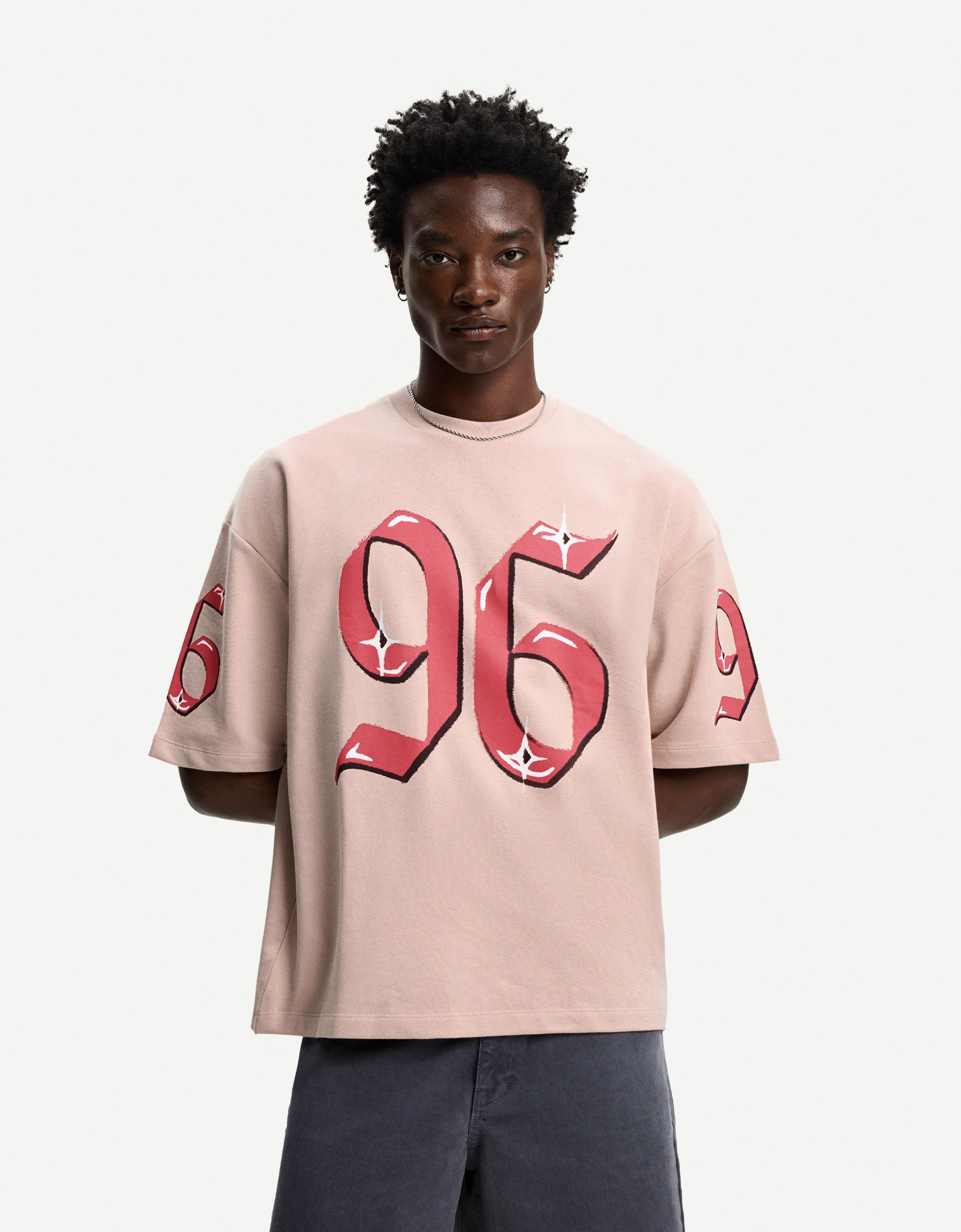 Bershka T-Shirt Mit Kurzen Ärmeln Und Frottee-Print Herren Xl Rosa