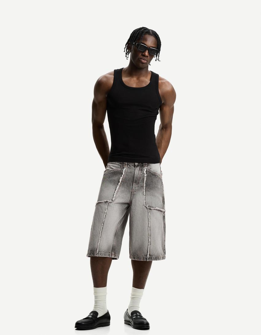 Baggy denim Bermuda shorts with fringing-Grey