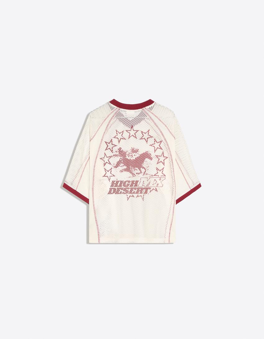 Boxy Crop-T-Shirt mit Mesh-Print-Rohweiß