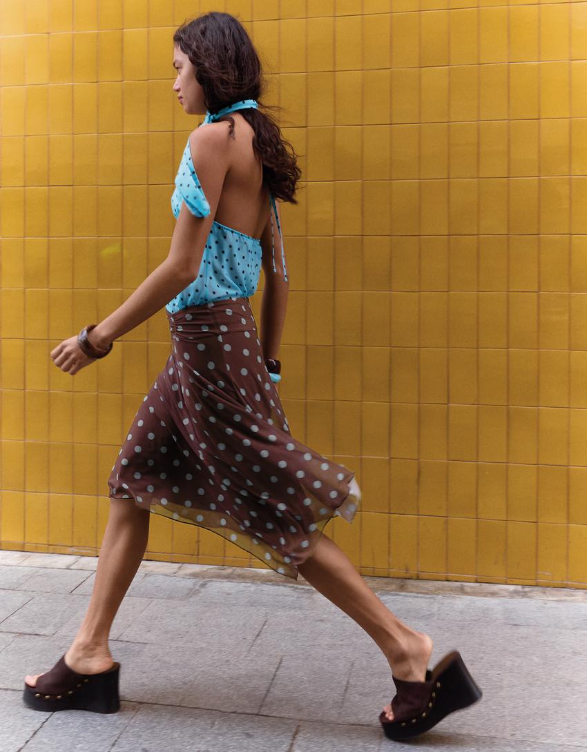 Asymmetric polka dot midi skirt-Brown