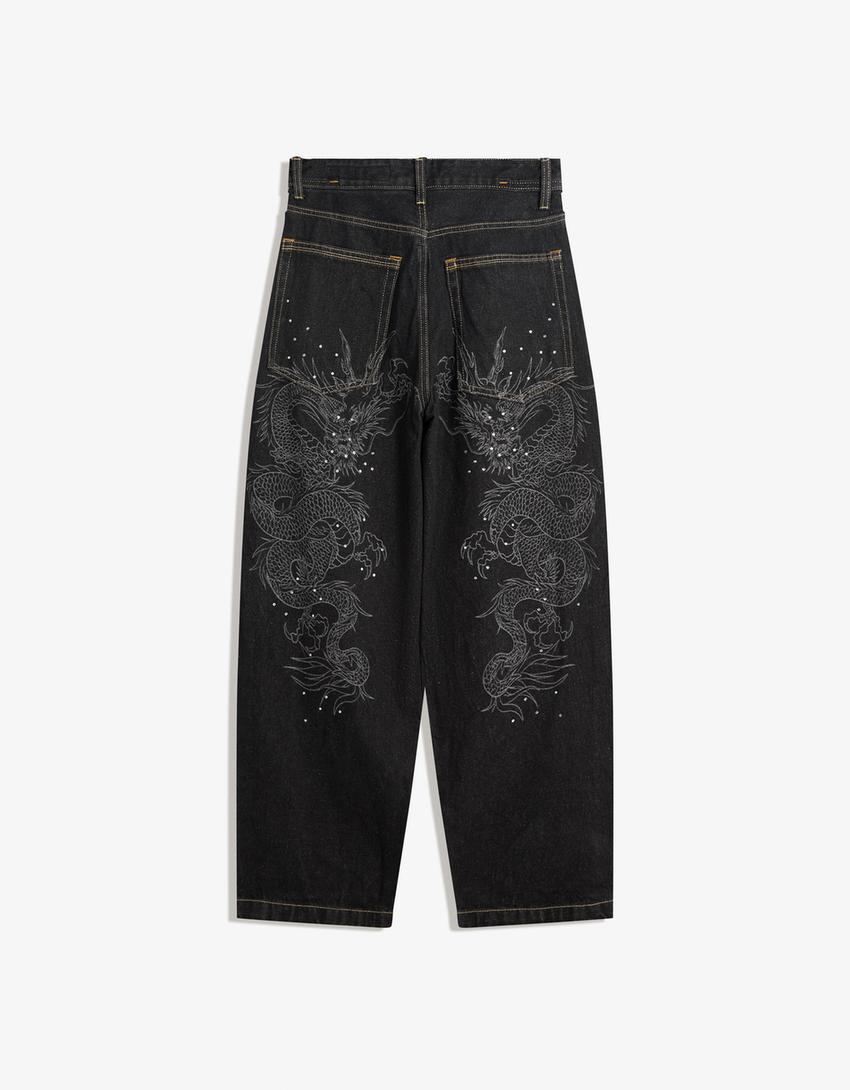 Jeans baggy fit com estampa a laser EDIÇÃO LIMITADA-Cinzento-escuro